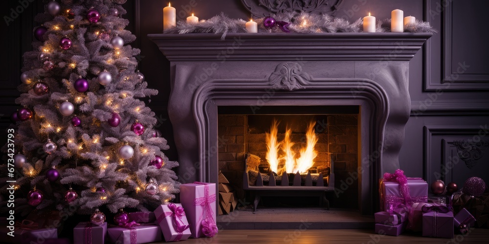 A warm fireplace with a beautifully decorated Christmas tree, creating a festive, glowing holiday atmosphere on a winter night.