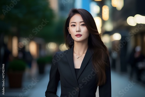 An elegant asian businesswoman with modern fashion. her serenity and sophistication on full display amidst the urban environment. generative AI