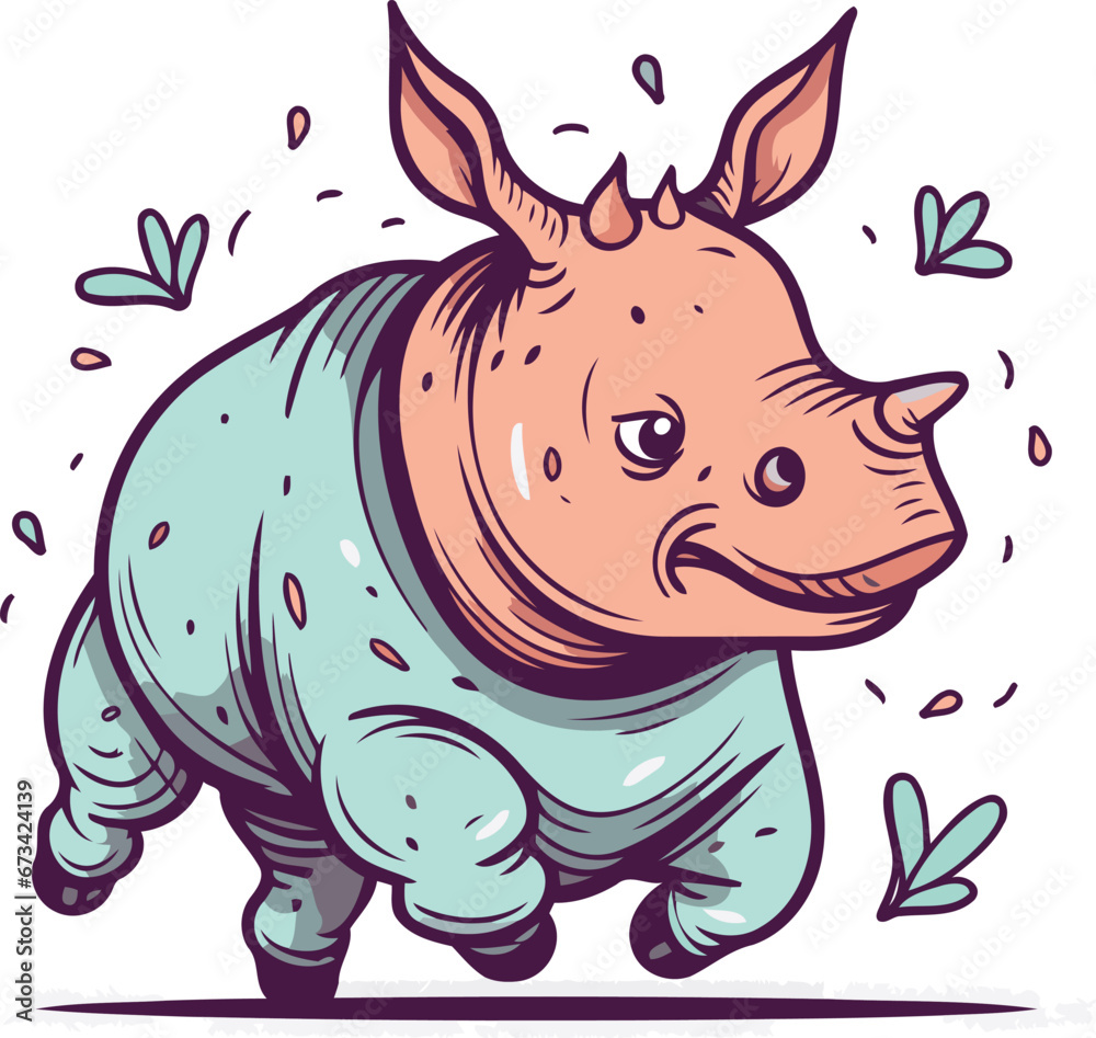 Fototapeta premium Cute cartoon rhinoceros. Vector illustration isolated on white background.