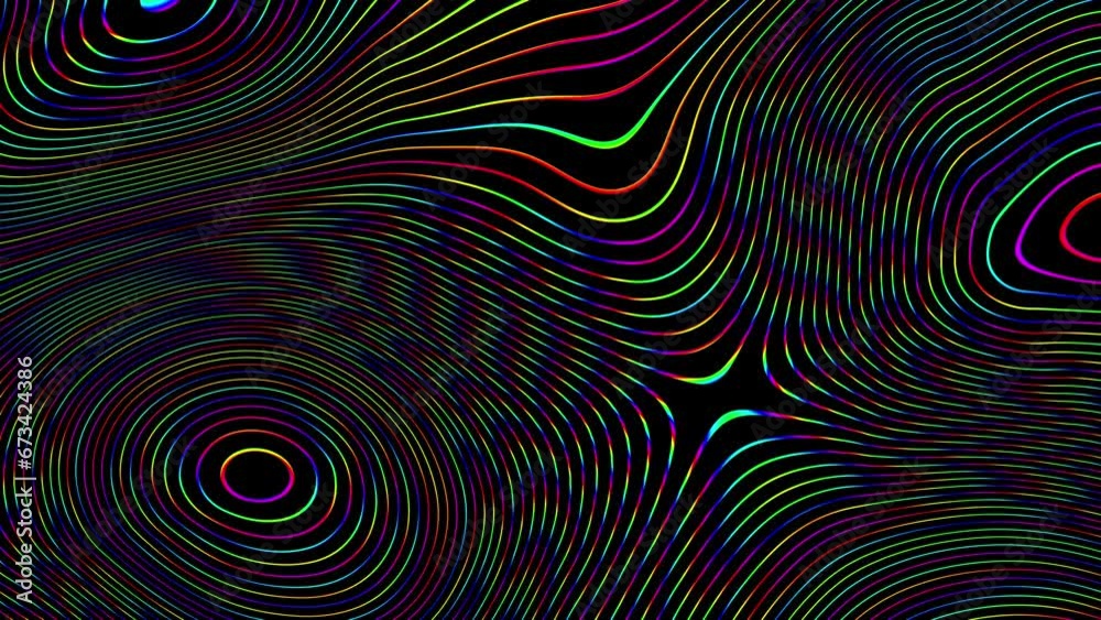 Seamless abstract psychedelic wavy background for loop playback. 4k video. Animated iridescent thin lines on black background