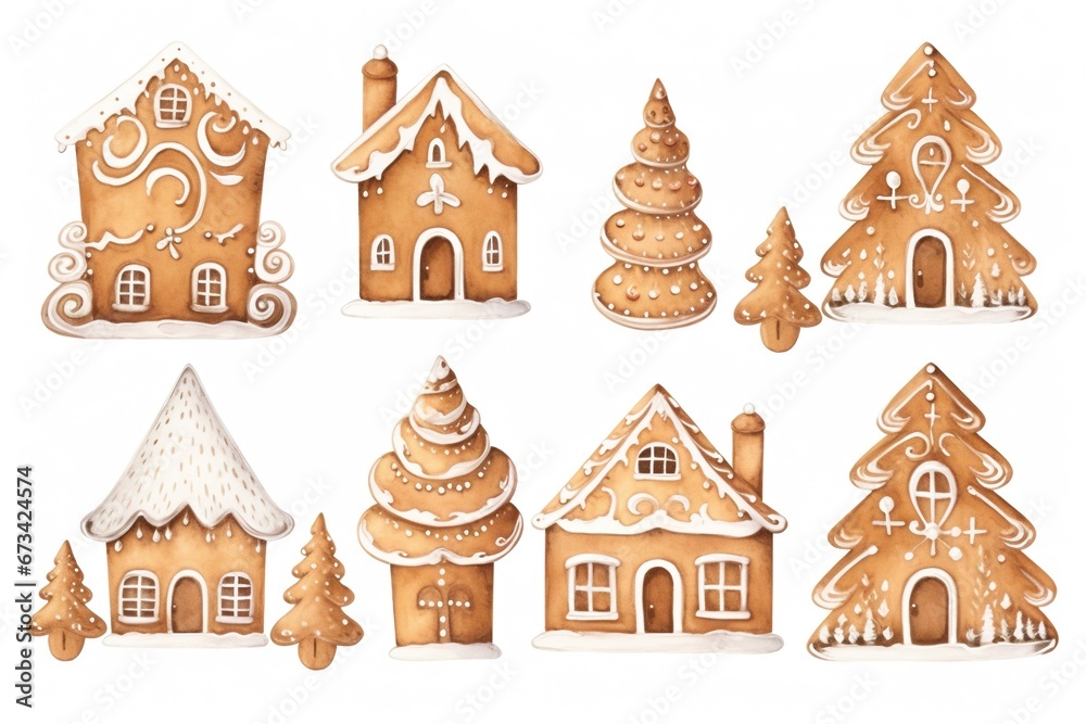 Watercolor Gingerbread Decorations on White Background