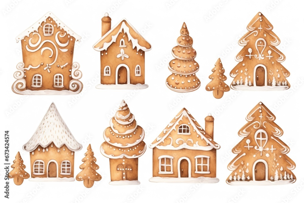 Fototapeta premium Watercolor Gingerbread Decorations on White Background