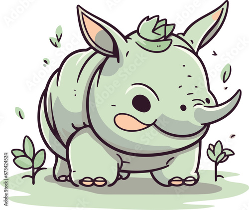 Cute rhinoceros with green leaves. Vector illustration.
