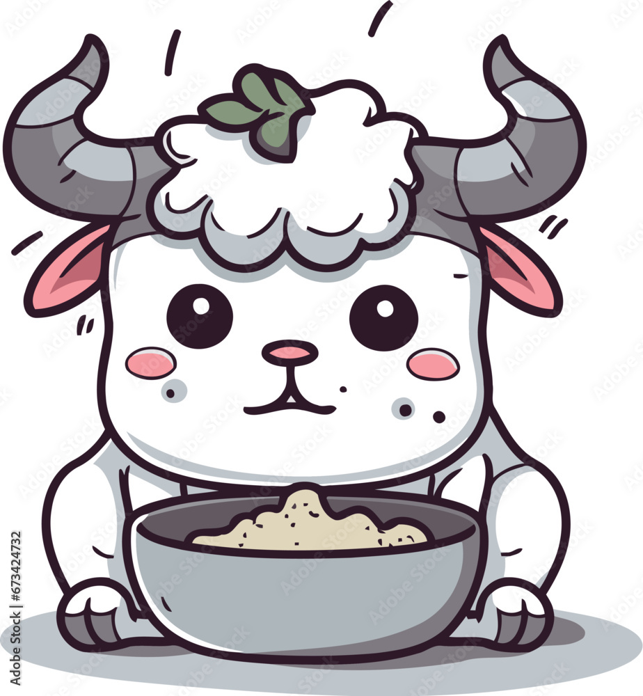 Cute cartoon bull with bowl of cereals. Vector illustration. Cute cartoon bull with bowl of cereals. Vector illustration.