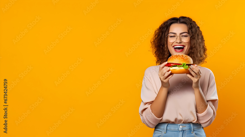 Young beautiful woman holding burger isolated yellow background with copy space text Young beautiful woman holding burger isolated yellow background with copy space text