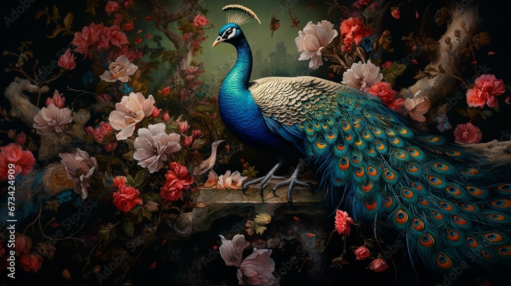 Fototapeta premium Peacock pearch amoung colorful flowers