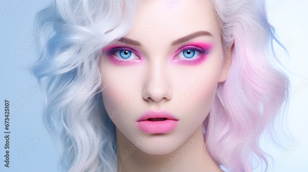 Portrait of beautiful young woman with bright pink makeup. Beautiful blonde with bright pink lipstick on her lips. Pretty girl with vivid hair. Blonde with brightly colored hair. Bright eye makeup.