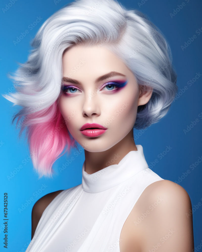Naklejka premium Portrait of beautiful young woman with bright pink makeup. Beautiful blonde with bright pink lipstick on her lips. Pretty girl with vivid hair. Blonde with brightly colored hair. Bright eye makeup.
