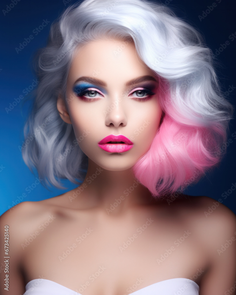 Portrait of beautiful young woman with bright pink makeup. Beautiful blonde with bright pink lipstick on her lips. Pretty girl with vivid hair. Blonde with brightly colored hair. Bright eye makeup. Portrait of beautiful young woman with bright pink makeup. Beautiful blonde with bright pink lipstick on her lips. Pretty girl with vivid hair. Blonde with brightly colored hair. Bright eye makeup.