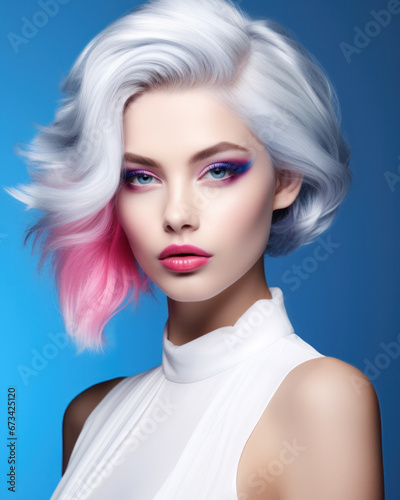 Portrait of beautiful young woman with bright pink makeup. Beautiful blonde with bright pink lipstick on her lips. Pretty girl with vivid hair. Blonde with brightly colored hair. Bright eye makeup.