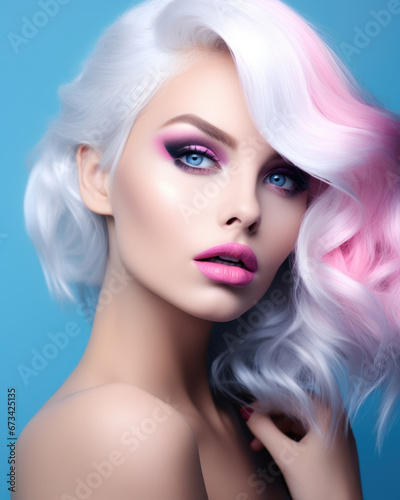 Portrait of beautiful young woman with bright pink makeup. Beautiful blonde with bright pink lipstick on her lips. Pretty girl with vivid hair. Blonde with brightly colored hair. Bright eye makeup.