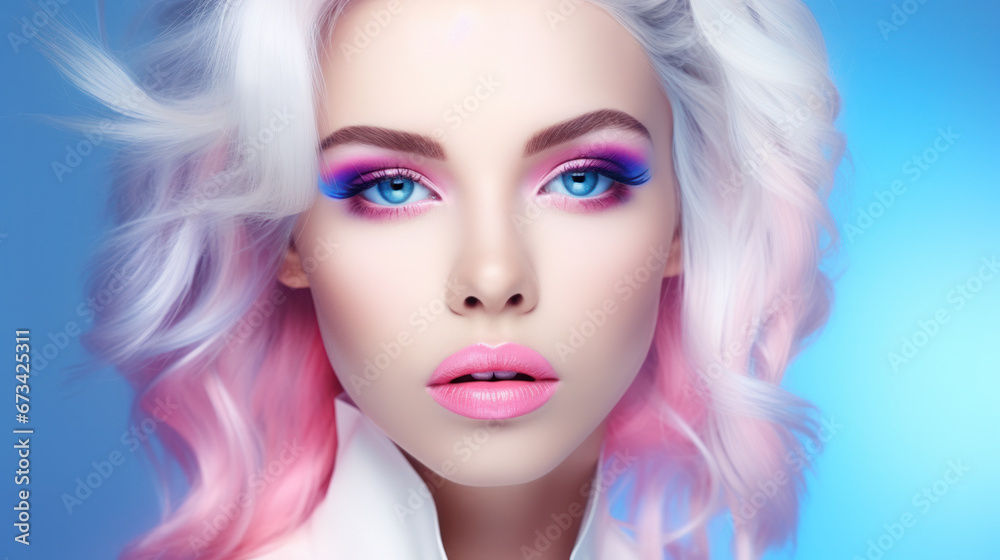 Portrait of beautiful young woman with bright pink makeup. Beautiful blonde with bright pink lipstick on her lips. Pretty girl with vivid hair. Blonde with brightly colored hair. Bright eye makeup.