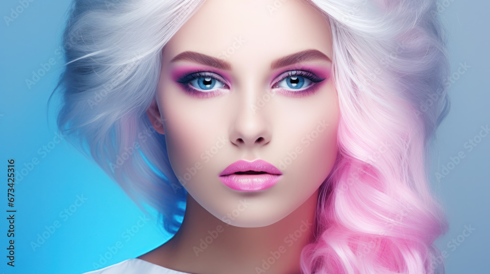 Portrait of beautiful young woman with bright pink makeup. Beautiful blonde with bright pink lipstick on her lips. Pretty girl with vivid hair. Blonde with brightly colored hair. Bright eye makeup. Portrait of beautiful young woman with bright pink makeup. Beautiful blonde with bright pink lipstick on her lips. Pretty girl with vivid hair. Blonde with brightly colored hair. Bright eye makeup.
