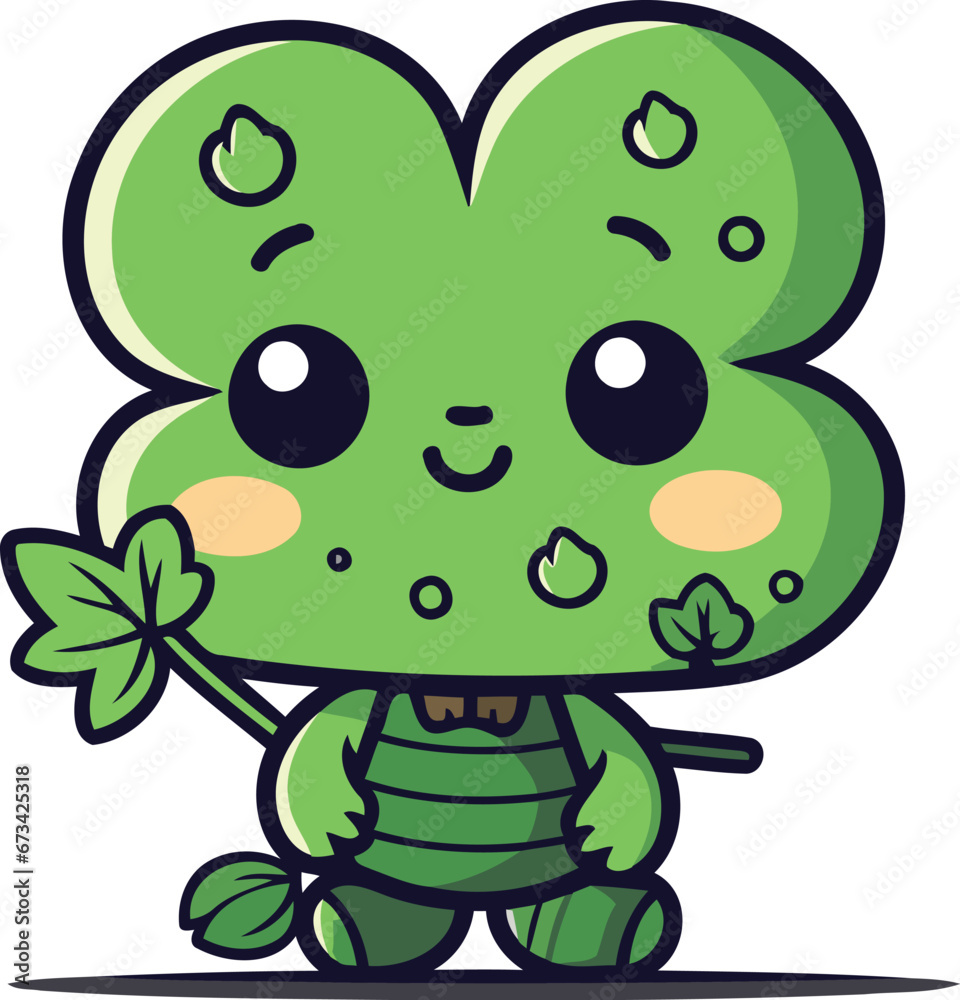 Naklejka premium Cute green frog with clover leaf cartoon character vector illustration.