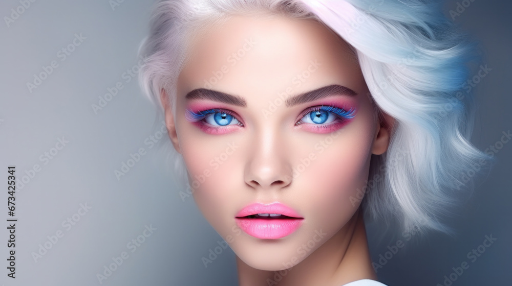 Portrait of beautiful young woman with bright pink makeup. Beautiful blonde with bright pink lipstick on her lips. Pretty girl with vivid hair. Blonde with brightly colored hair. Bright eye makeup. Portrait of beautiful young woman with bright pink makeup. Beautiful blonde with bright pink lipstick on her lips. Pretty girl with vivid hair. Blonde with brightly colored hair. Bright eye makeup.