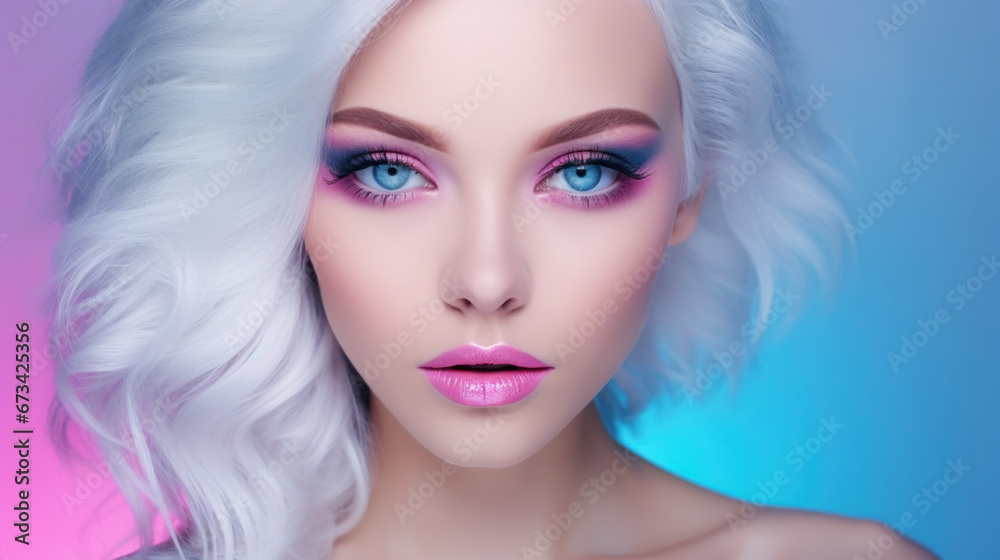 Fototapeta premium Portrait of beautiful young woman with bright pink makeup. Beautiful blonde with bright pink lipstick on her lips. Pretty girl with vivid hair. Blonde with brightly colored hair. Bright eye makeup.