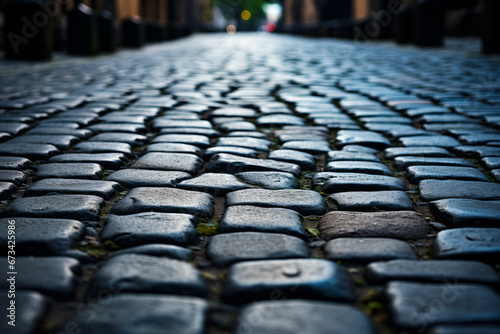 Cobblestone street with green light in the background.