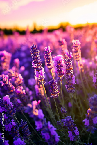 Field of lavender flowers with the sun shining through the flowers.