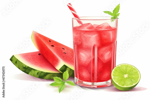 A refreshing glass of watermelon and lime cooler, filled to the brim with vibrant red watermelon chunks, glistening ice cubes, and a zesty lime wedge. The drink exudes summer vibes