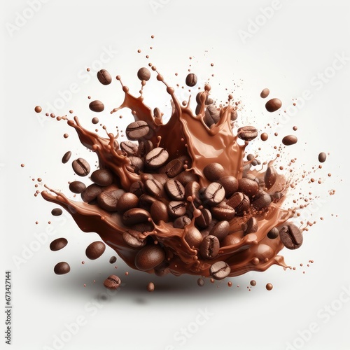 liquid spray coffee with beans splash isolated on white background