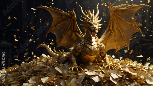 A small golden dragon sits on a mountain of gold coins and banknotes. photo