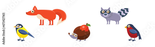 Forest Animals with Fox, Raccoon, Bird and Hedgehog Vector Set