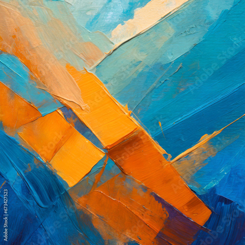Closeup of abstract rough colorful blue orange multicolored art painting texture, with oil brushstroke, pallet knife paint, with square overlapping paper layers, complementary colors