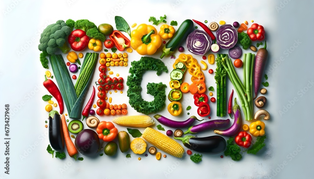 word vegan written with vegetables on white background, vegan food concept background