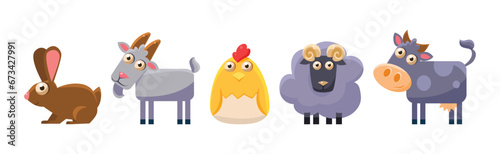 Farm Animals with Goat, Bunny, Chick, Ram and Cow Vector Set
