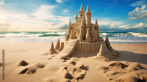 Holiday concept with sandcastle on the seaside photo