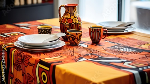 the table is covered with a tablecloth with an African pattern photo