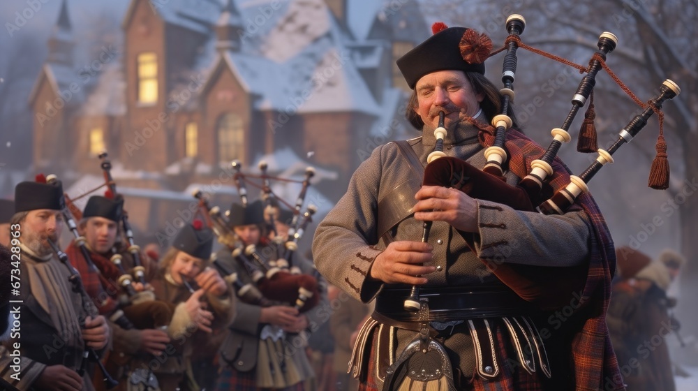 musicians perform Christmas carols on bagpipes in the square