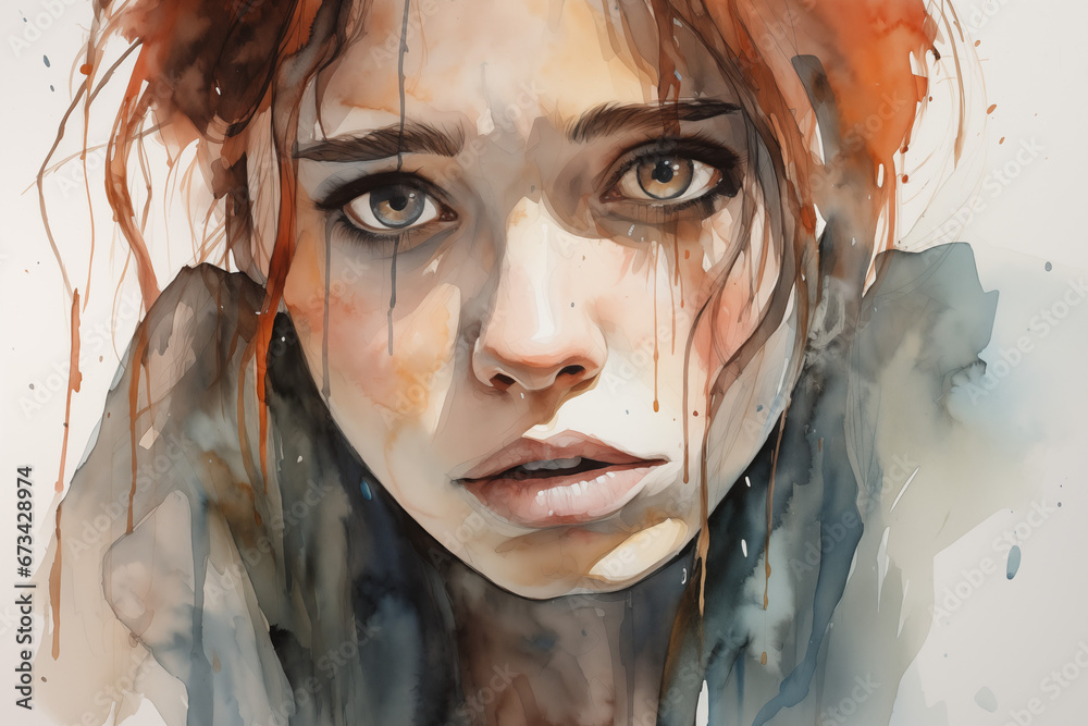 Detailed Watercolor Portrait of woman crying