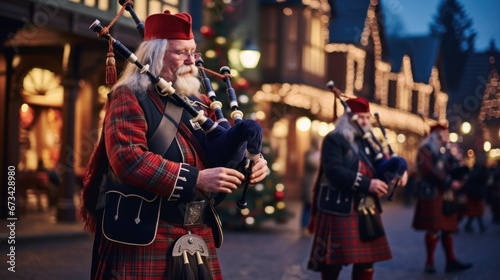 musicians in Scottish clothing perform Christmas carols on bagpipes in the square © DyrElena