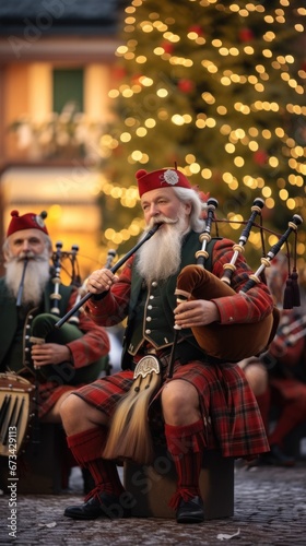 musicians in Scottish clothing perform Christmas carols on bagpipes in the square