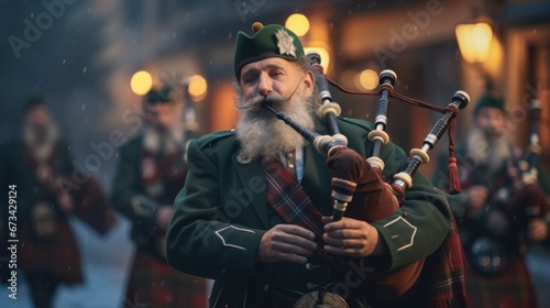 musicians in Scottish clothing perform Christmas carols on bagpipes in the square photo