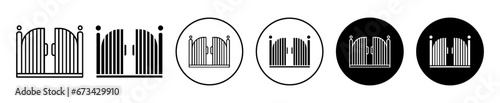 Gate icon set. closed garden steel gate vector symbol. farm house iron gate sign in black filled and outlined style. 