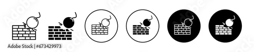 Demolition icon set. industrial building wrecking vector symbol. demolish wall ball sign in black filled and outlined style.
