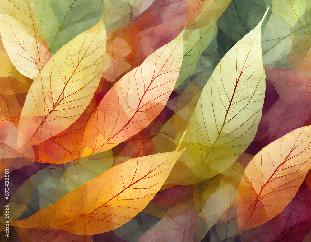 Abstract translucent layered fallen autumnal leaves, macro nature, autumn fall illustration background texture pattern