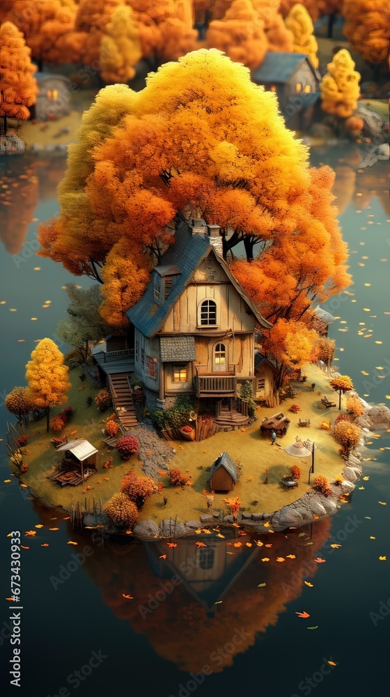House in the forest. AI generated art illustration.