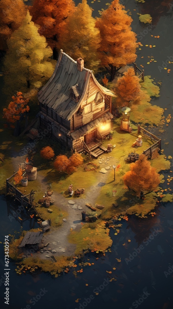 House in the forest. AI generated art illustration.