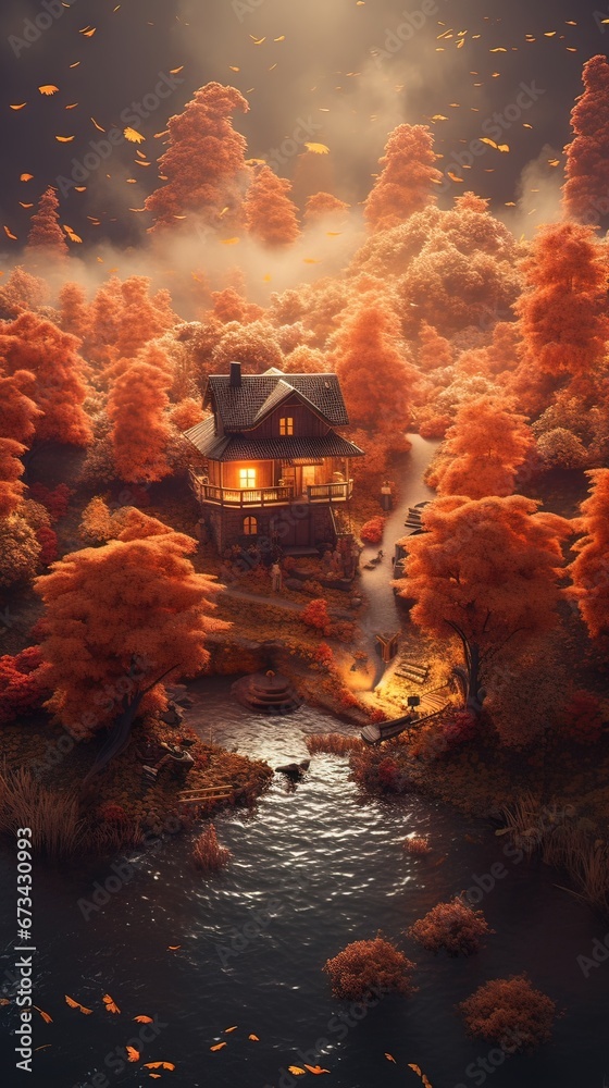 House in the forest. AI generated art illustration.