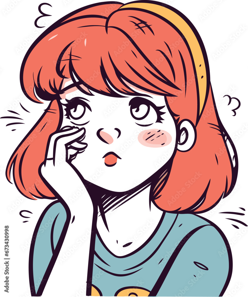 Vector illustration of a beautiful young woman with red hair. thinking. Vector illustration of a beautiful young woman with red hair. thinking.