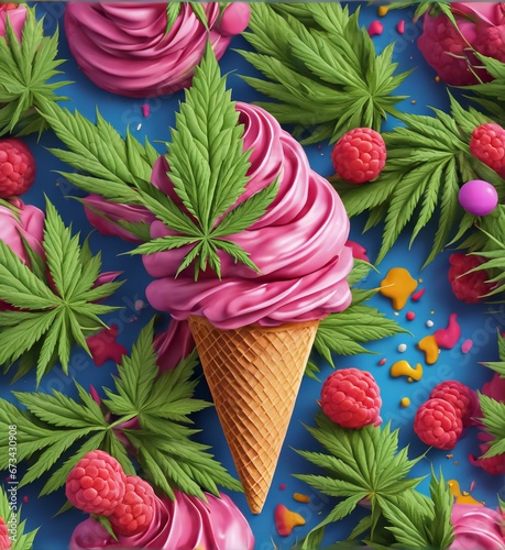 Cannabis bud ice cream cone icecream spiral cone cannabis flower sprinkles colors intricate