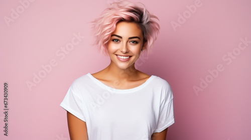 Pretty confident young girl with pink hair on pink background photo