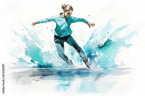 Jubilant woman Engaging in Outdoor Recreation. Ice skating in winter Illustrated in Watercolor Art © Fortis Design