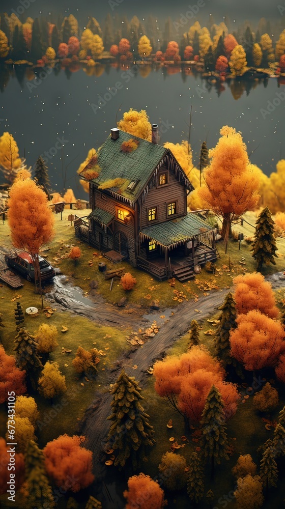 House in the forest. AI generated art illustration.