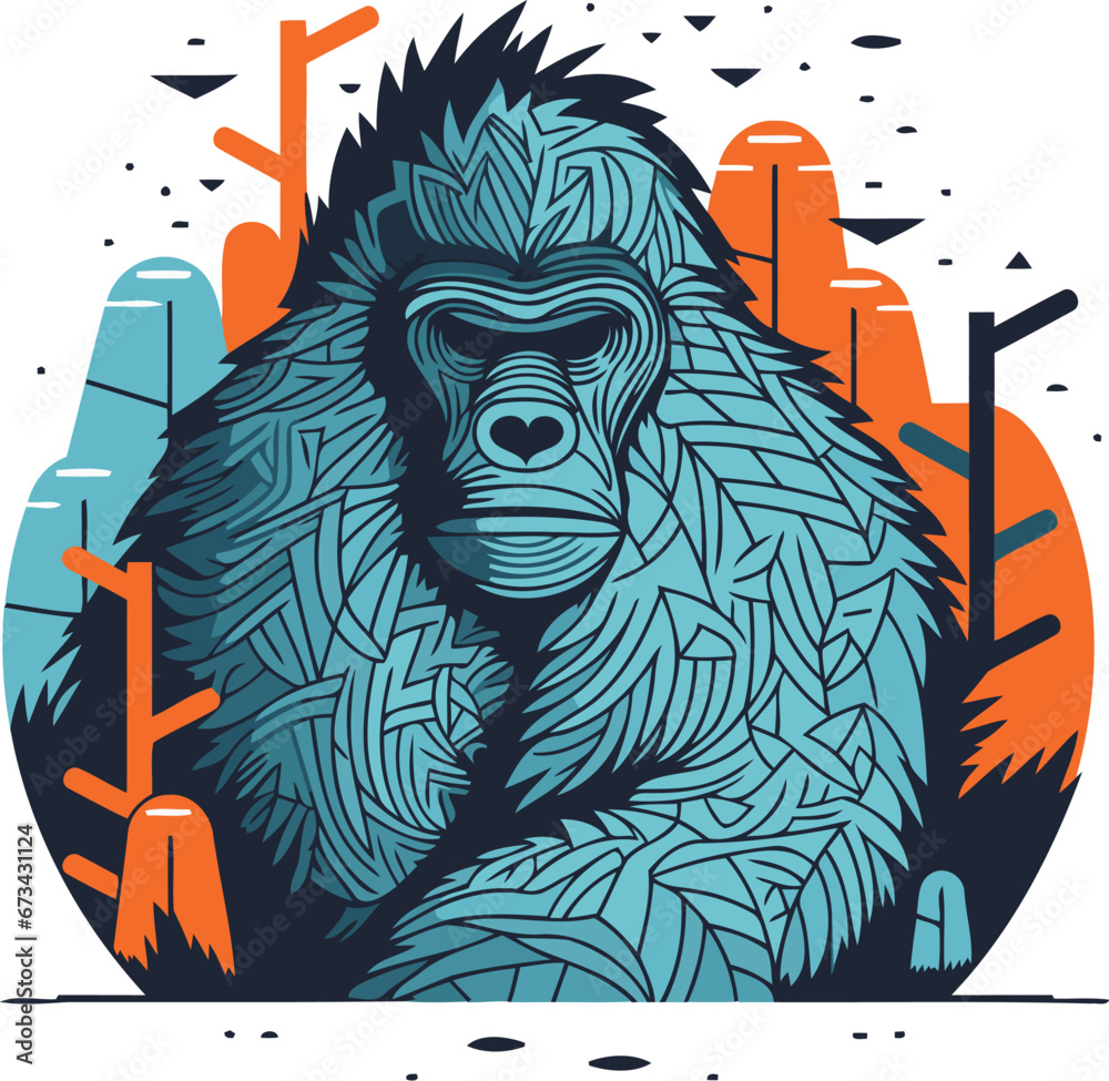Obraz premium Gorilla in the forest. Wild animal. Vector illustration.