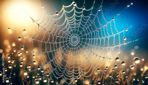 Macro shot of spider web full of water droplets, aesthetic nature background, banner, template © Karlo