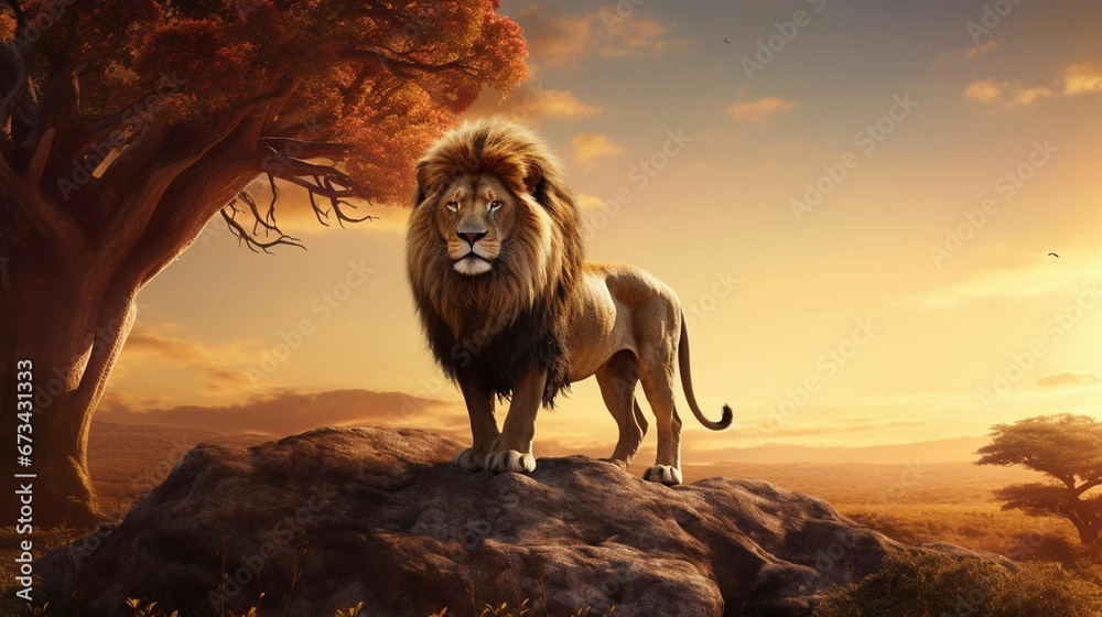 AI generated illustration of a lion standing on a rock in a savannah at ...